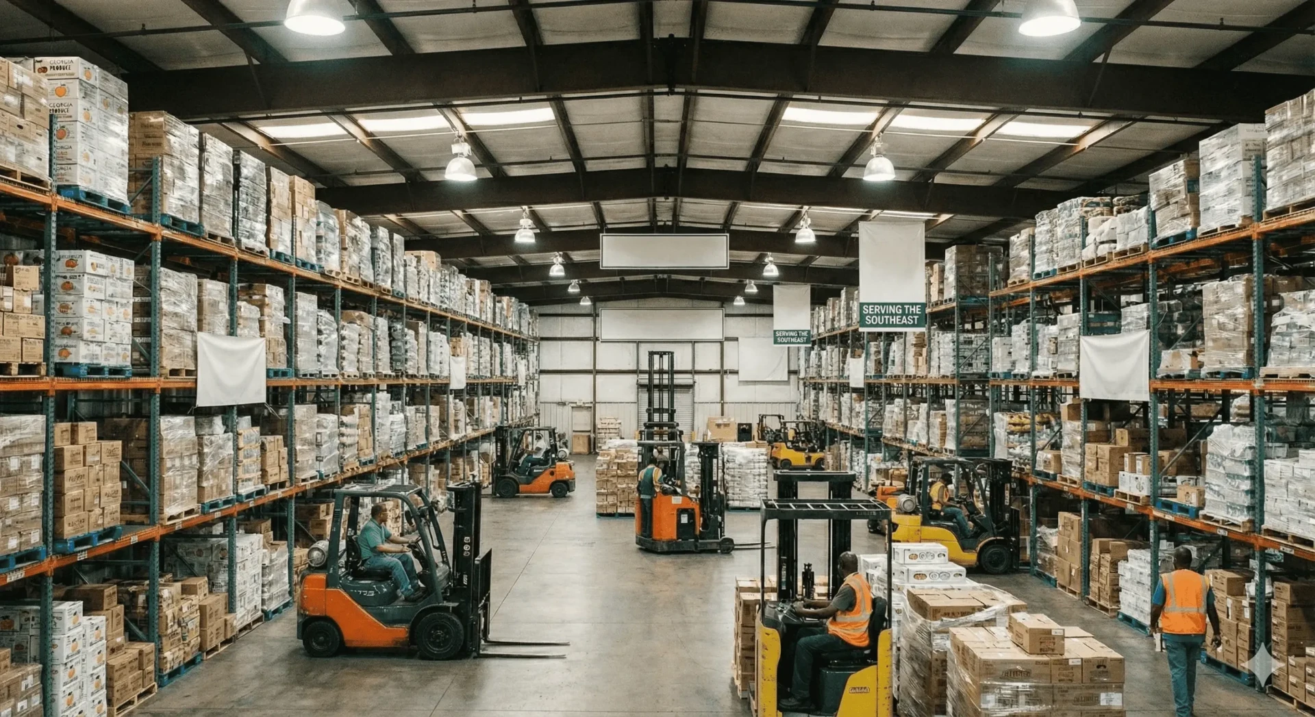 RZ Commerce warehouse with forklifts moving pallets through shelving aisles